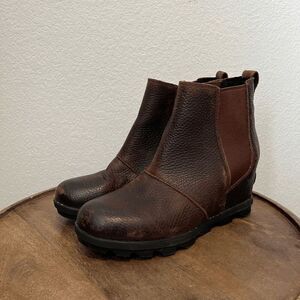 Sorel Joan of Arctic Wedge II Pull-On Brown Leather Chelsea Boots Women's 8.5